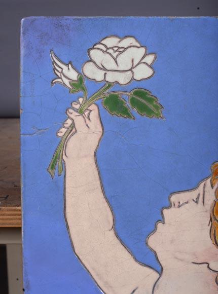 jules-loebnitz panneau-en-ceramique-enfant-a-la-fleur
